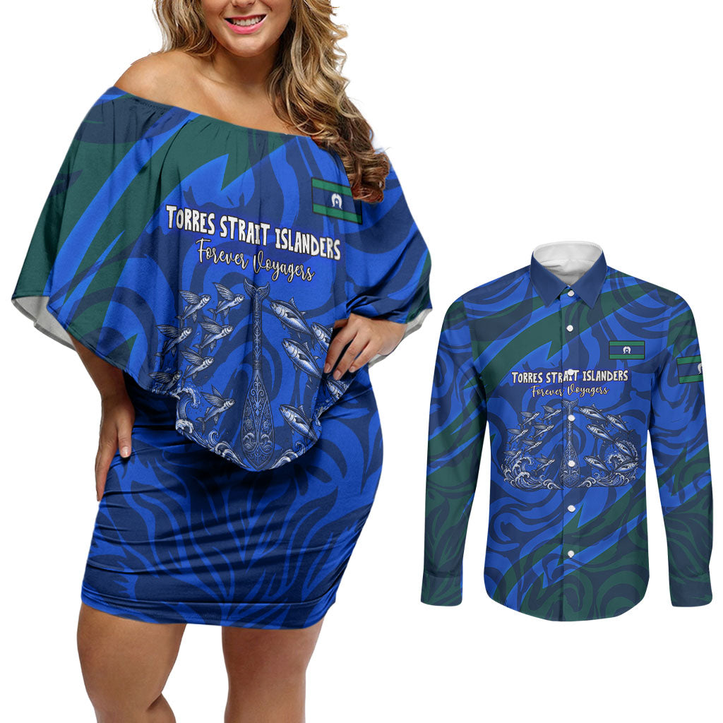 Torres Strait Islanders Forever Voyagers Couples Matching Off Shoulder Short Dress and Long Sleeve Button Shirt Indigenous Australian Tribal Canoe Art