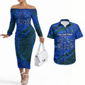 Torres Strait Islanders Forever Voyagers Couples Matching Off The Shoulder Long Sleeve Dress and Hawaiian Shirt Indigenous Australian Tribal Canoe Art