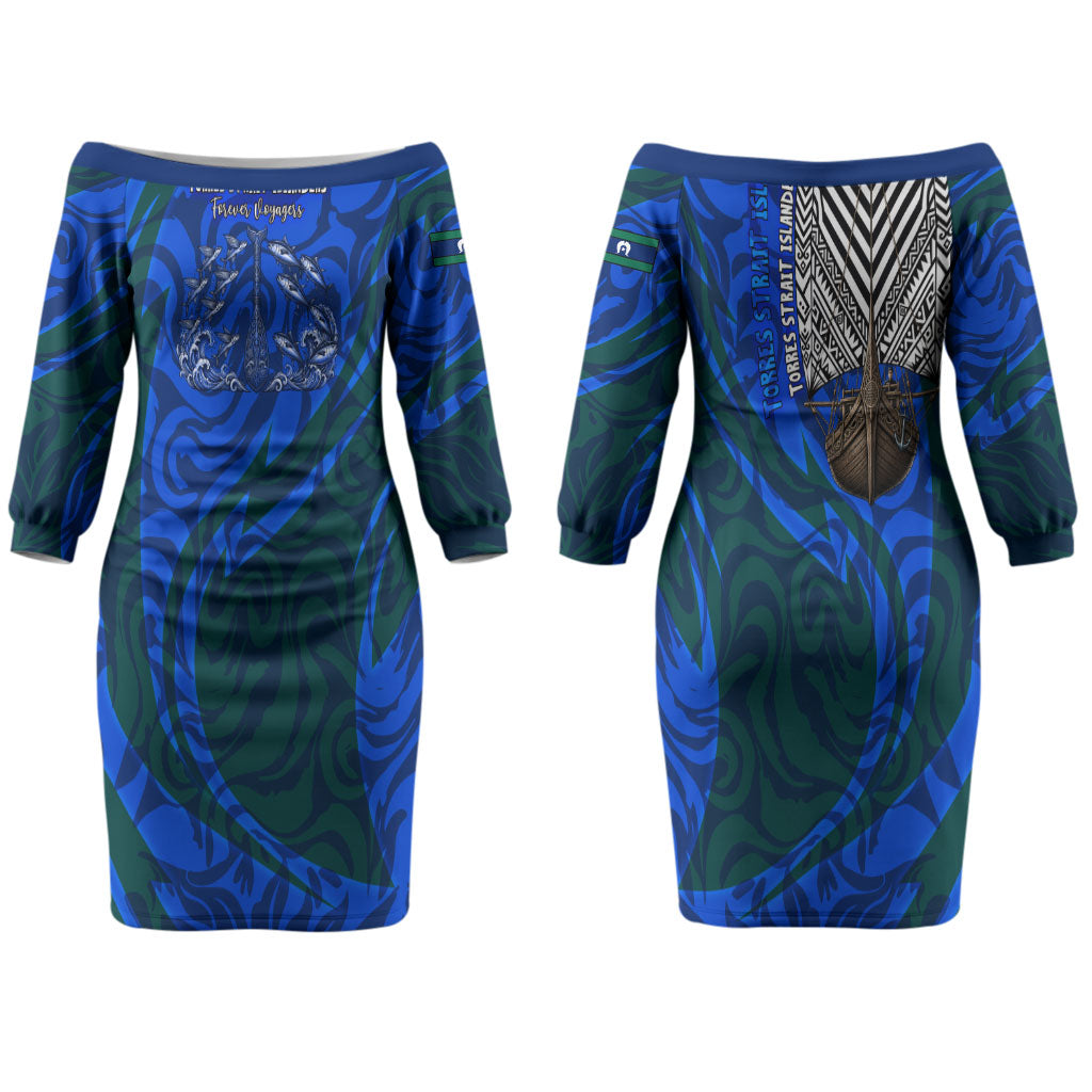Torres Strait Islanders Forever Voyagers Couples Matching Off The Shoulder Long Sleeve Dress and Hawaiian Shirt Indigenous Australian Tribal Canoe Art