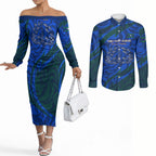 Torres Strait Islanders Forever Voyagers Couples Matching Off The Shoulder Long Sleeve Dress and Long Sleeve Button Shirt Indigenous Australian Tribal Canoe Art