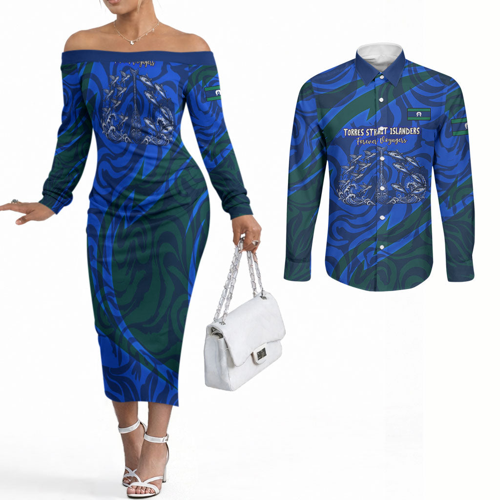 Torres Strait Islanders Forever Voyagers Couples Matching Off The Shoulder Long Sleeve Dress and Long Sleeve Button Shirt Indigenous Australian Tribal Canoe Art