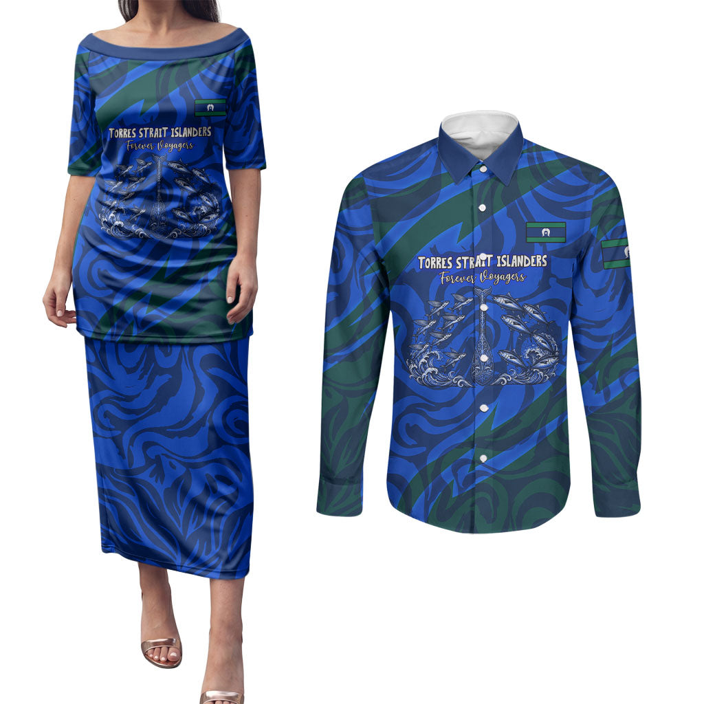 Torres Strait Islanders Forever Voyagers Couples Matching Puletasi and Long Sleeve Button Shirt Indigenous Australian Tribal Canoe Art