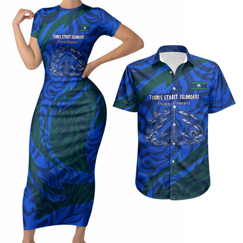 Torres Strait Islanders Forever Voyagers Couples Matching Short Sleeve Bodycon Dress and Hawaiian Shirt Indigenous Australian Tribal Canoe Art