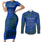 Torres Strait Islanders Forever Voyagers Couples Matching Short Sleeve Bodycon Dress and Long Sleeve Button Shirt Indigenous Australian Tribal Canoe Art