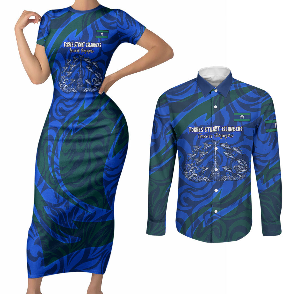 Torres Strait Islanders Forever Voyagers Couples Matching Short Sleeve Bodycon Dress and Long Sleeve Button Shirt Indigenous Australian Tribal Canoe Art