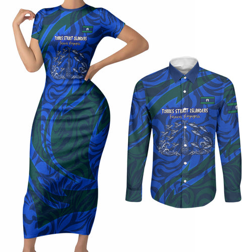 Torres Strait Islanders Forever Voyagers Couples Matching Short Sleeve Bodycon Dress and Long Sleeve Button Shirt Indigenous Australian Tribal Canoe Art