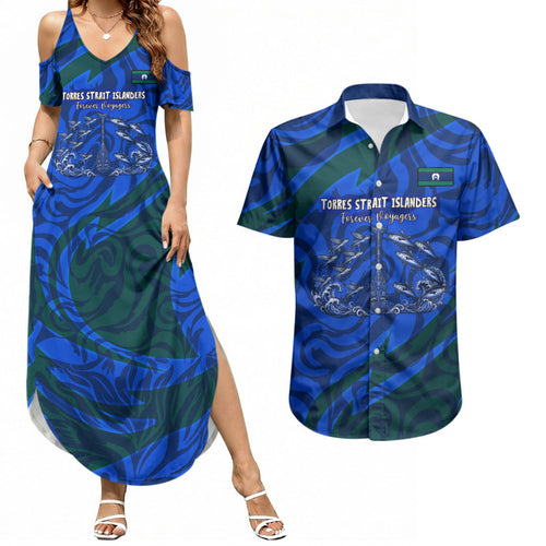 Torres Strait Islanders Forever Voyagers Couples Matching Summer Maxi Dress and Hawaiian Shirt Indigenous Australian Tribal Canoe Art