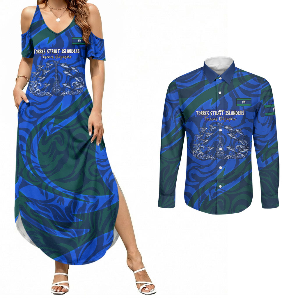 Torres Strait Islanders Forever Voyagers Couples Matching Summer Maxi Dress and Long Sleeve Button Shirt Indigenous Australian Tribal Canoe Art