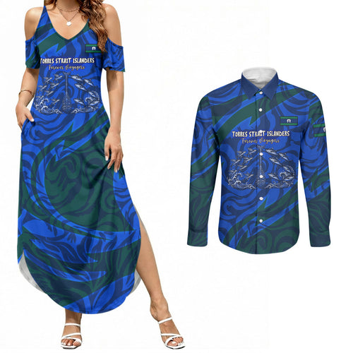 Torres Strait Islanders Forever Voyagers Couples Matching Summer Maxi Dress and Long Sleeve Button Shirt Indigenous Australian Tribal Canoe Art