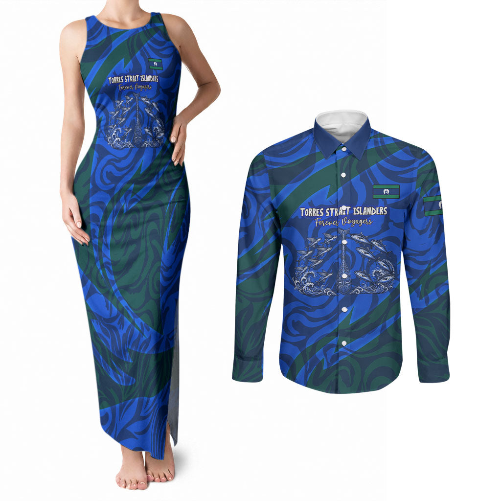 Torres Strait Islanders Forever Voyagers Couples Matching Tank Maxi Dress and Long Sleeve Button Shirt Indigenous Australian Tribal Canoe Art