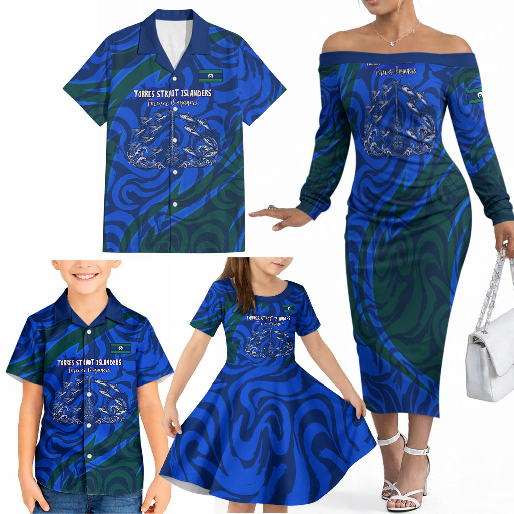 Torres Strait Islanders Forever Voyagers Family Matching Off The Shoulder Long Sleeve Dress and Hawaiian Shirt Indigenous Australian Tribal Canoe Art