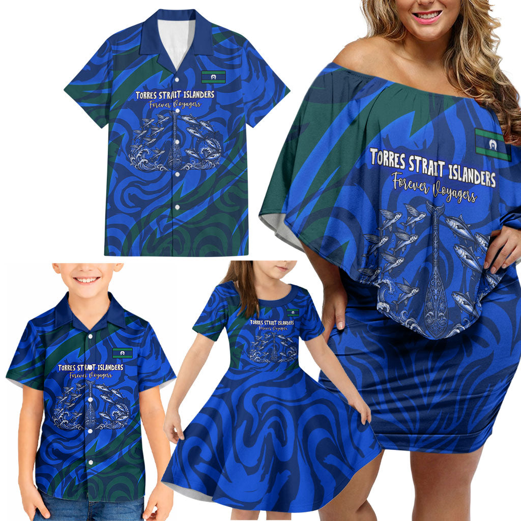 Torres Strait Islanders Forever Voyagers Family Matching Off Shoulder Short Dress and Hawaiian Shirt Indigenous Australian Tribal Canoe Art