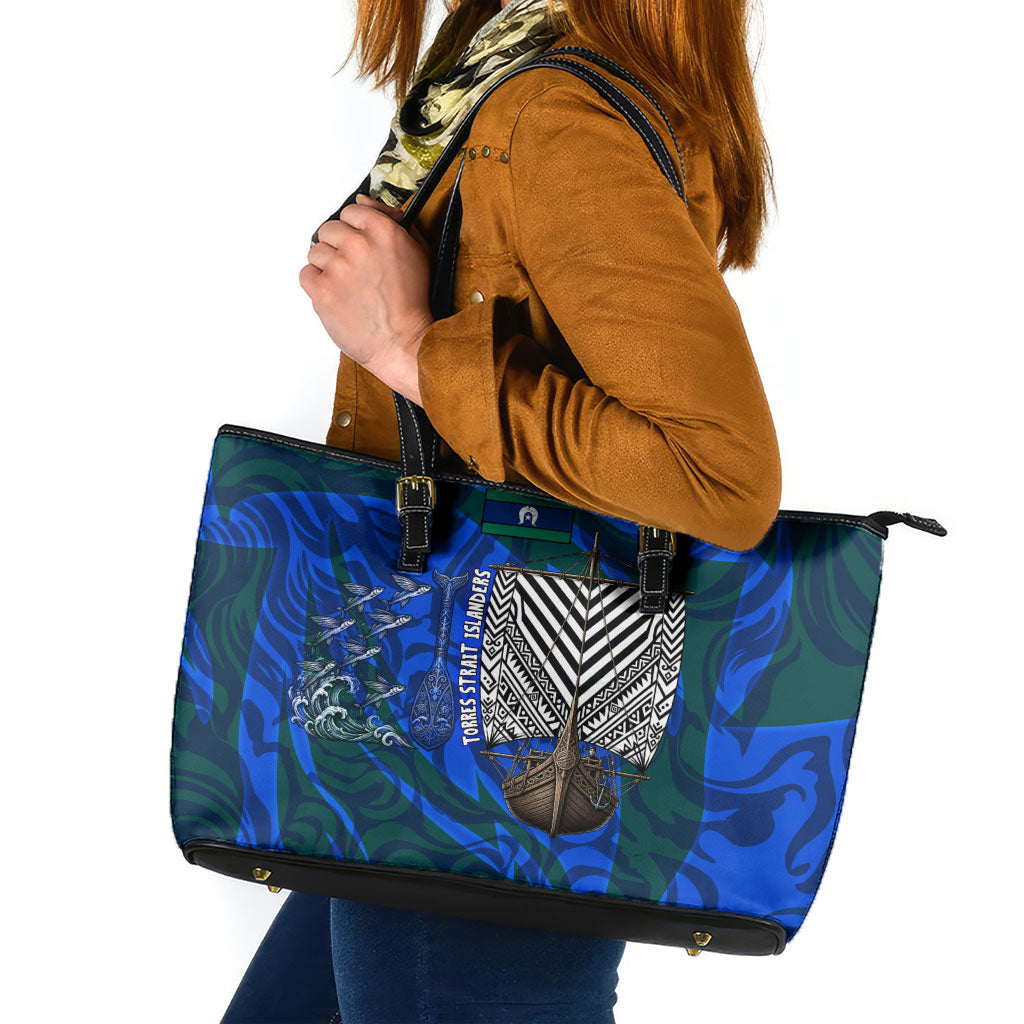 Torres Strait Islanders Forever Voyagers Leather Tote Bag Indigenous Australian Tribal Canoe Art