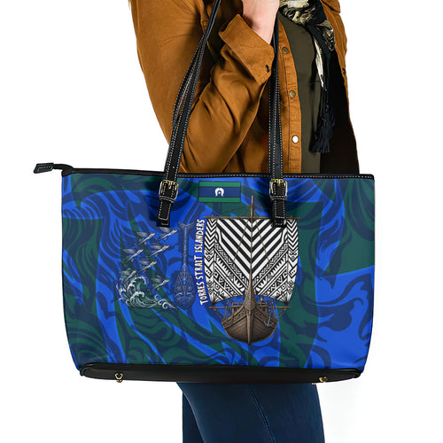 Torres Strait Islanders Forever Voyagers Leather Tote Bag Indigenous Australian Tribal Canoe Art