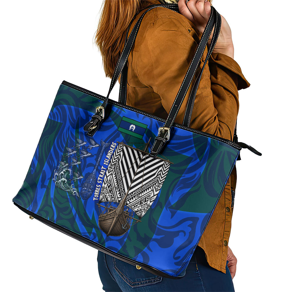 Torres Strait Islanders Forever Voyagers Leather Tote Bag Indigenous Australian Tribal Canoe Art
