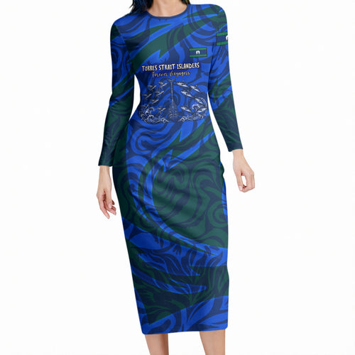 Torres Strait Islanders Forever Voyagers Long Sleeve Bodycon Dress Indigenous Australian Tribal Canoe Art