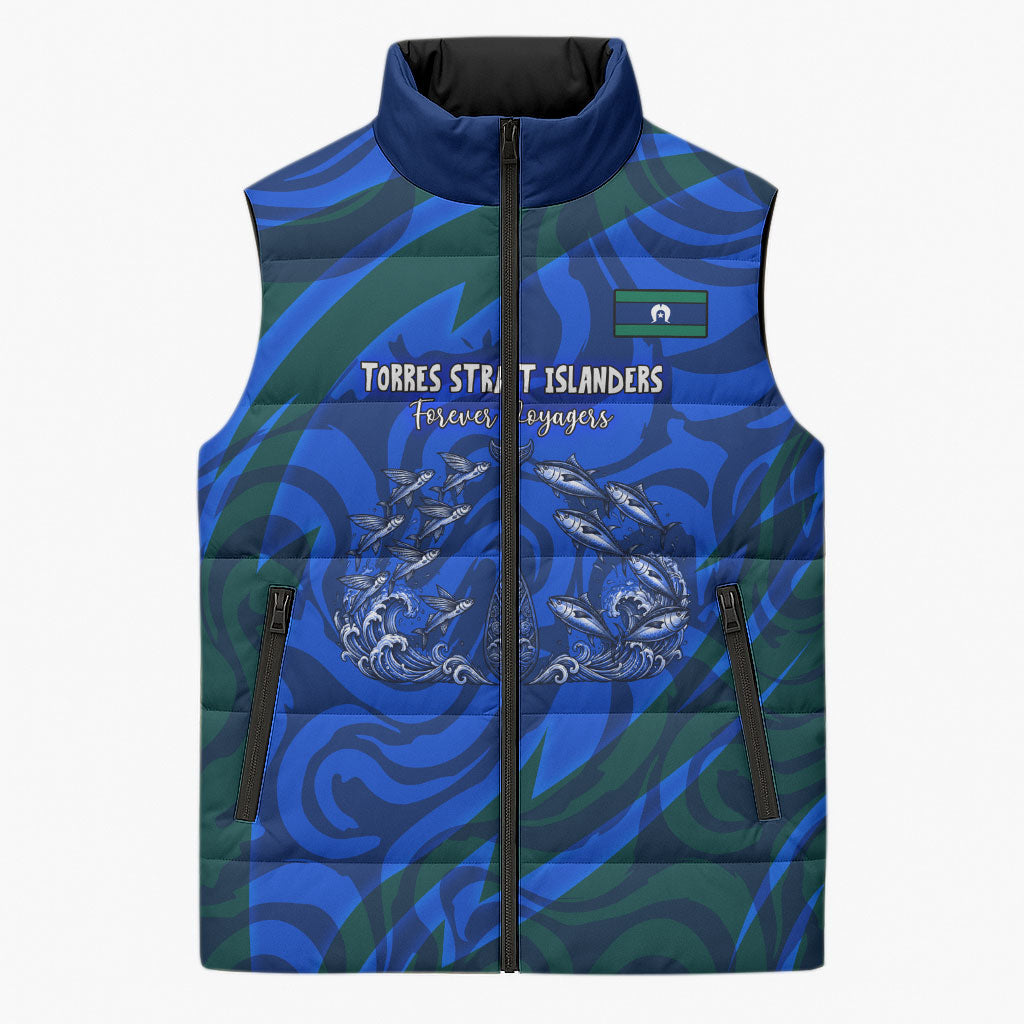 Torres Strait Islanders Forever Voyagers Sleeveless Puffer Jacket Indigenous Australian Tribal Canoe Art