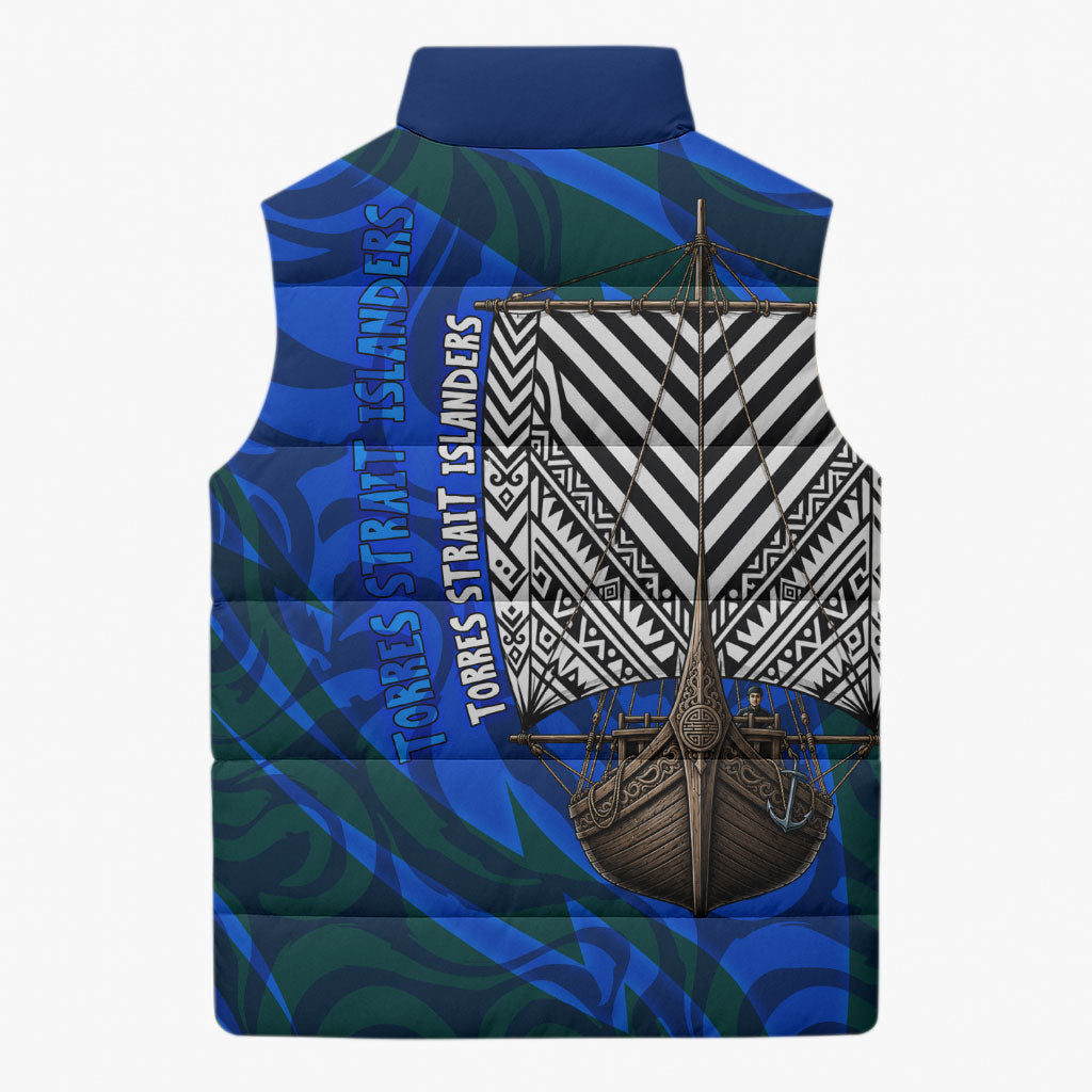 Torres Strait Islanders Forever Voyagers Sleeveless Puffer Jacket Indigenous Australian Tribal Canoe Art