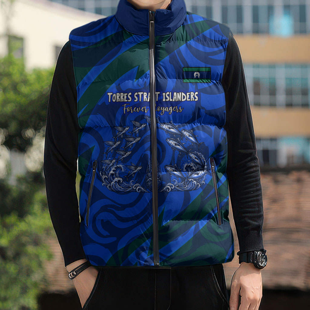 Torres Strait Islanders Forever Voyagers Sleeveless Puffer Jacket Indigenous Australian Tribal Canoe Art