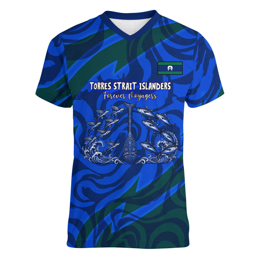 Torres Strait Islanders Forever Voyagers Women V-Neck T-Shirt Indigenous Australian Tribal Canoe Art