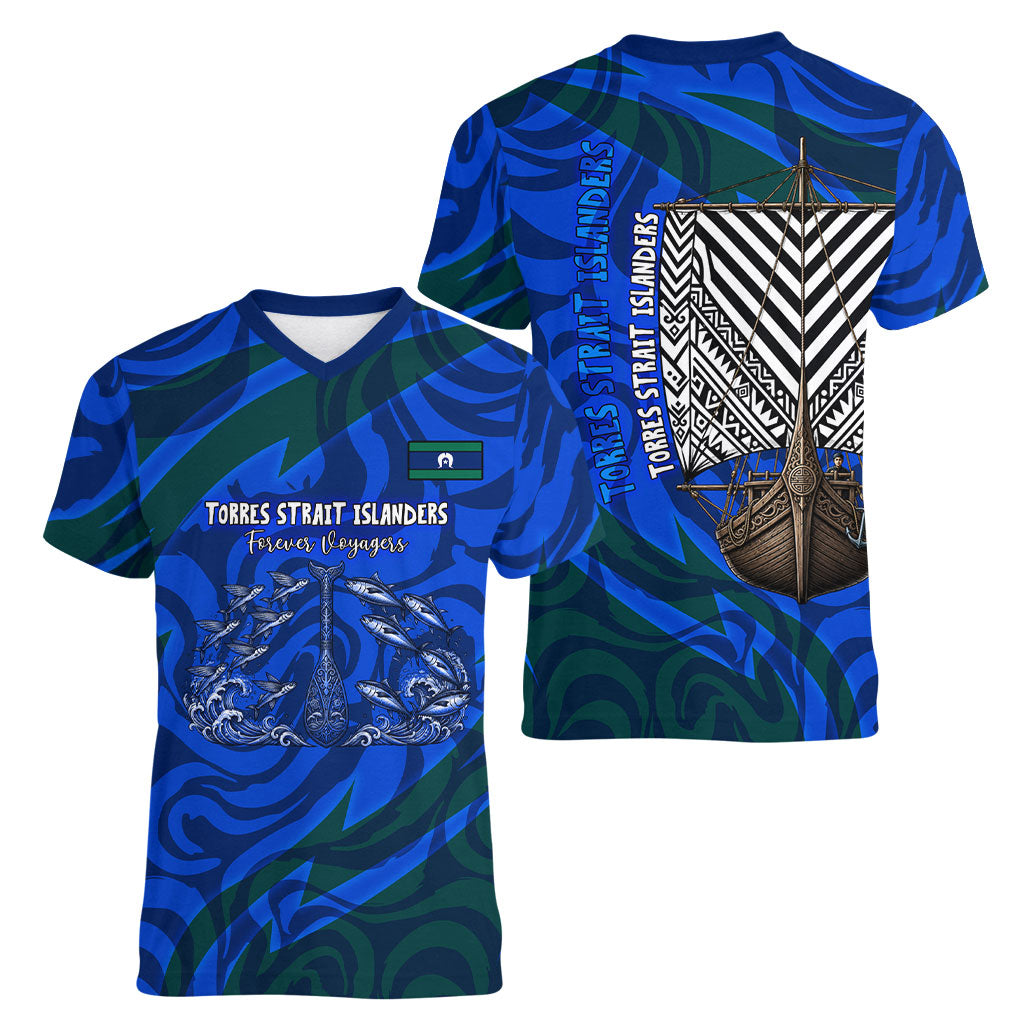 Torres Strait Islanders Forever Voyagers Women V-Neck T-Shirt Indigenous Australian Tribal Canoe Art