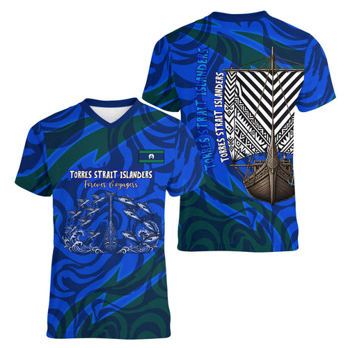Torres Strait Islanders Forever Voyagers Women V-Neck T-Shirt Indigenous Australian Tribal Canoe Art