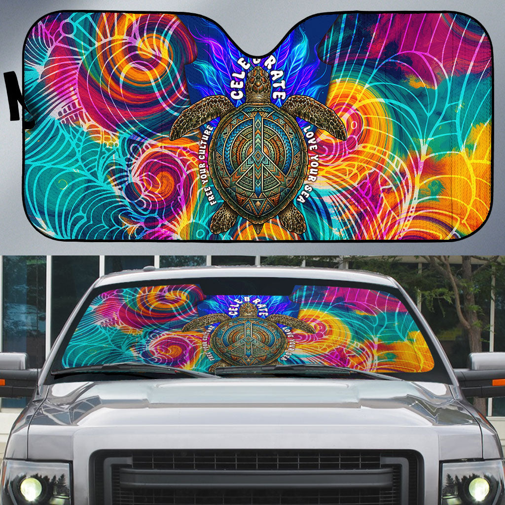 Torres Strait Islanders Sea Turtle Auto Sun Shade Indigenous Tribal Peace Art Cultural Headdress Motif