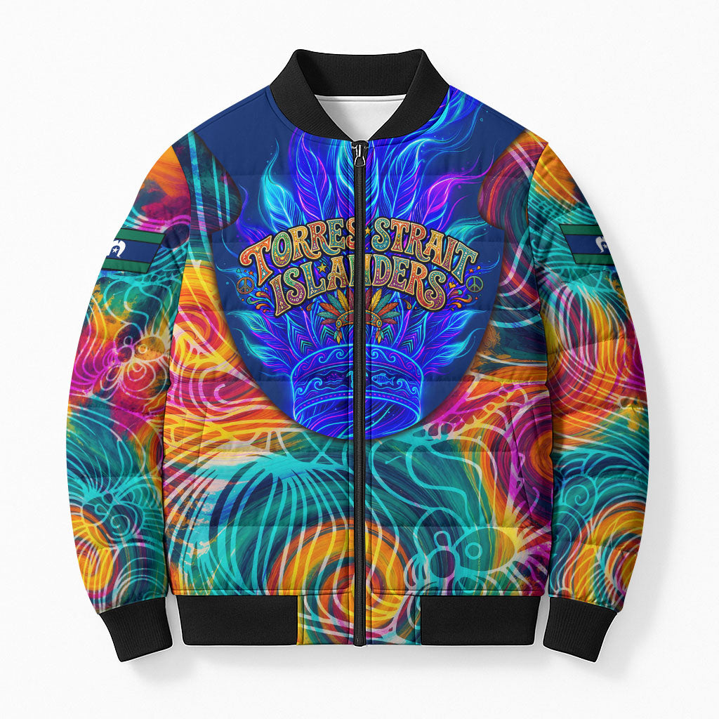 Torres Strait Islanders Sea Turtle Bomber Puffer Jacket Indigenous Tribal Peace Art Cultural Headdress Motif