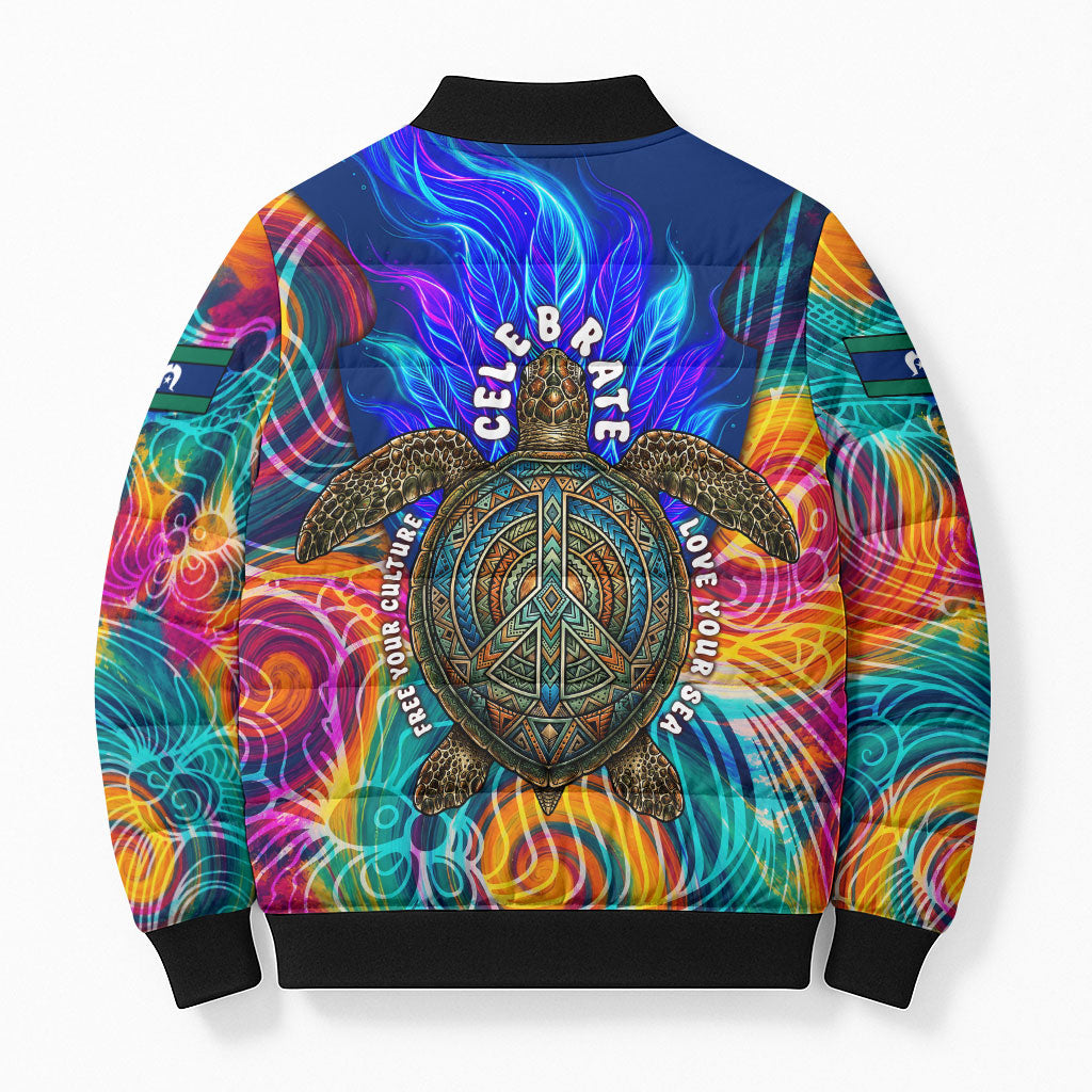 Torres Strait Islanders Sea Turtle Bomber Puffer Jacket Indigenous Tribal Peace Art Cultural Headdress Motif