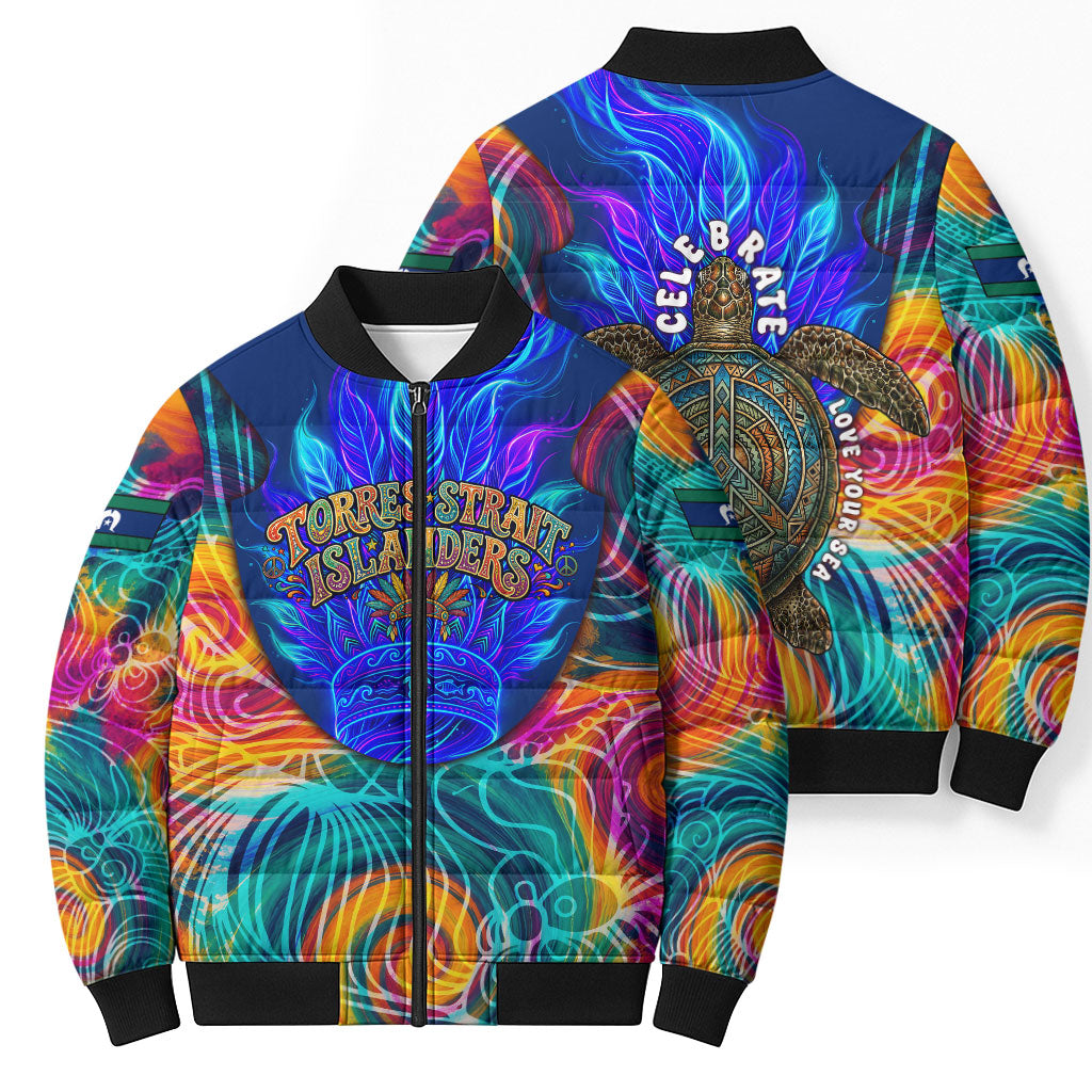 Torres Strait Islanders Sea Turtle Bomber Puffer Jacket Indigenous Tribal Peace Art Cultural Headdress Motif