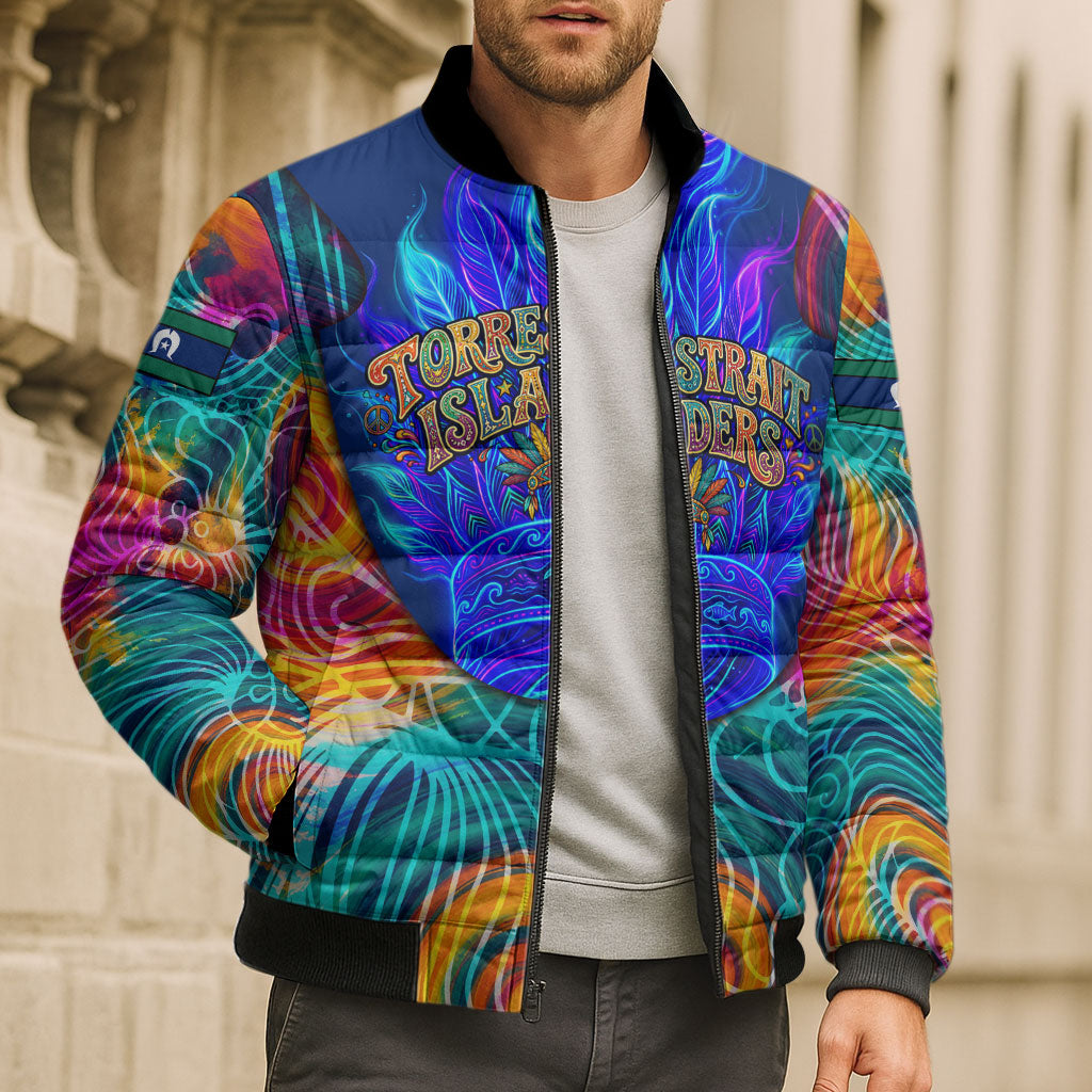 Torres Strait Islanders Sea Turtle Bomber Puffer Jacket Indigenous Tribal Peace Art Cultural Headdress Motif