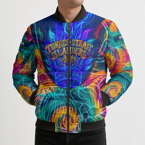 Torres Strait Islanders Sea Turtle Bomber Puffer Jacket Indigenous Tribal Peace Art Cultural Headdress Motif