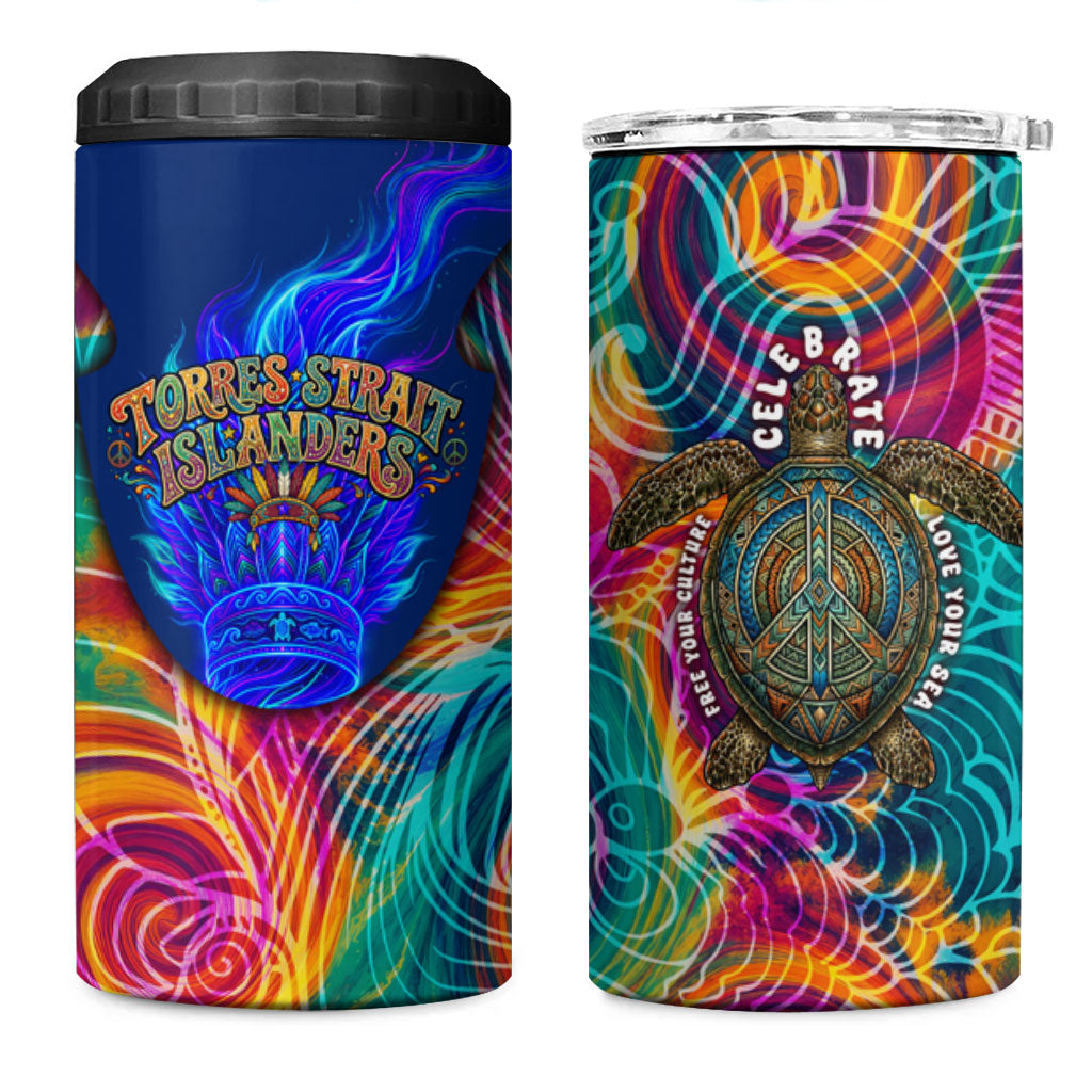 Torres Strait Islanders Sea Turtle 4 in 1 Can Cooler Tumbler Indigenous Tribal Peace Art Cultural Headdress Motif