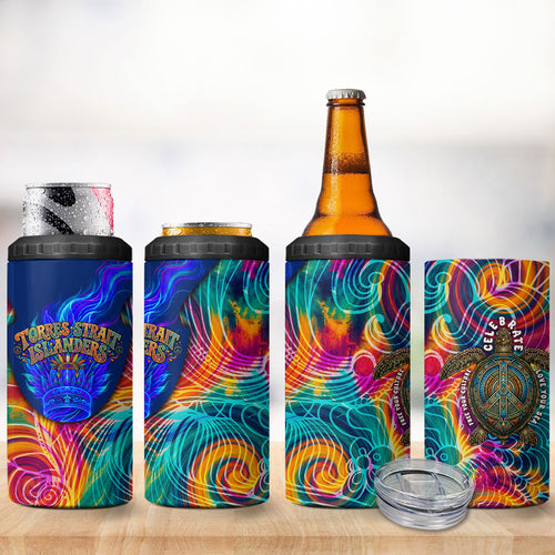 Torres Strait Islanders Sea Turtle 4 in 1 Can Cooler Tumbler Indigenous Tribal Peace Art Cultural Headdress Motif