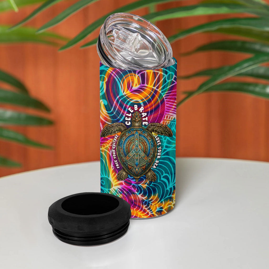 Torres Strait Islanders Sea Turtle 4 in 1 Can Cooler Tumbler Indigenous Tribal Peace Art Cultural Headdress Motif