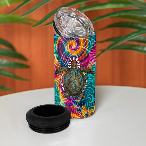 Torres Strait Islanders Sea Turtle 4 in 1 Can Cooler Tumbler Indigenous Tribal Peace Art Cultural Headdress Motif