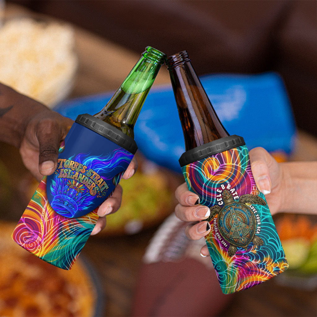 Torres Strait Islanders Sea Turtle 4 in 1 Can Cooler Tumbler Indigenous Tribal Peace Art Cultural Headdress Motif