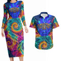 Torres Strait Islanders Sea Turtle Couples Matching Long Sleeve Bodycon Dress and Hawaiian Shirt Indigenous Tribal Peace Art Cultural Headdress Motif