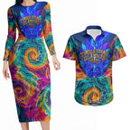 Torres Strait Islanders Sea Turtle Couples Matching Long Sleeve Bodycon Dress and Hawaiian Shirt Indigenous Tribal Peace Art Cultural Headdress Motif