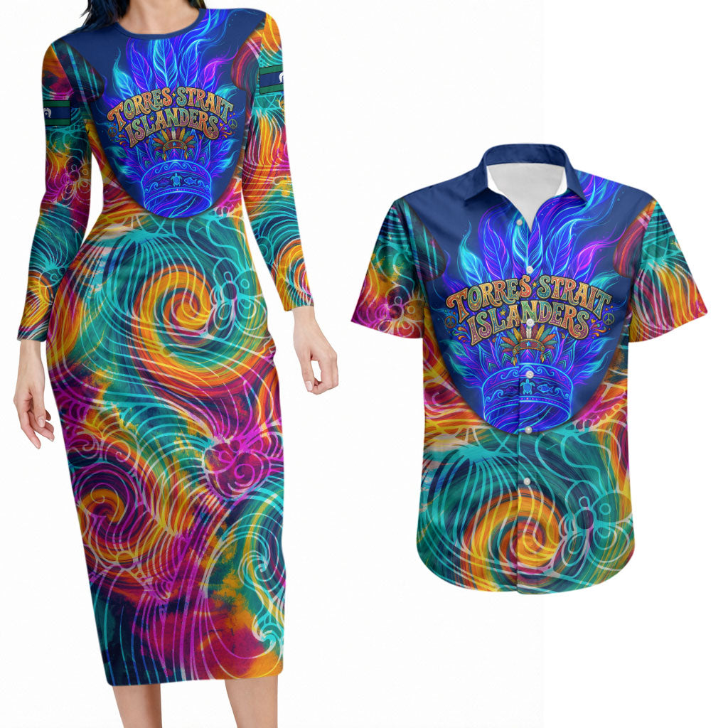 Torres Strait Islanders Sea Turtle Couples Matching Long Sleeve Bodycon Dress and Hawaiian Shirt Indigenous Tribal Peace Art Cultural Headdress Motif