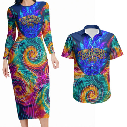 Torres Strait Islanders Sea Turtle Couples Matching Long Sleeve Bodycon Dress and Hawaiian Shirt Indigenous Tribal Peace Art Cultural Headdress Motif