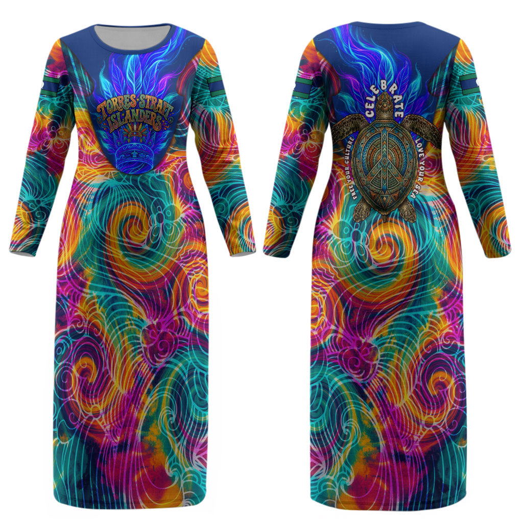 Torres Strait Islanders Sea Turtle Couples Matching Long Sleeve Bodycon Dress and Hawaiian Shirt Indigenous Tribal Peace Art Cultural Headdress Motif