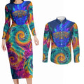 Torres Strait Islanders Sea Turtle Couples Matching Long Sleeve Bodycon Dress and Long Sleeve Button Shirt Indigenous Tribal Peace Art Cultural Headdress Motif