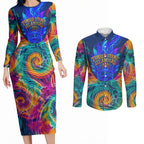 Torres Strait Islanders Sea Turtle Couples Matching Long Sleeve Bodycon Dress and Long Sleeve Button Shirt Indigenous Tribal Peace Art Cultural Headdress Motif