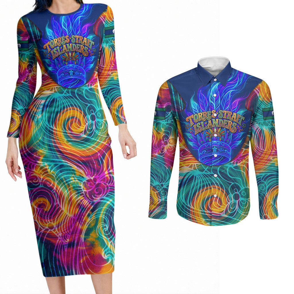 Torres Strait Islanders Sea Turtle Couples Matching Long Sleeve Bodycon Dress and Long Sleeve Button Shirt Indigenous Tribal Peace Art Cultural Headdress Motif