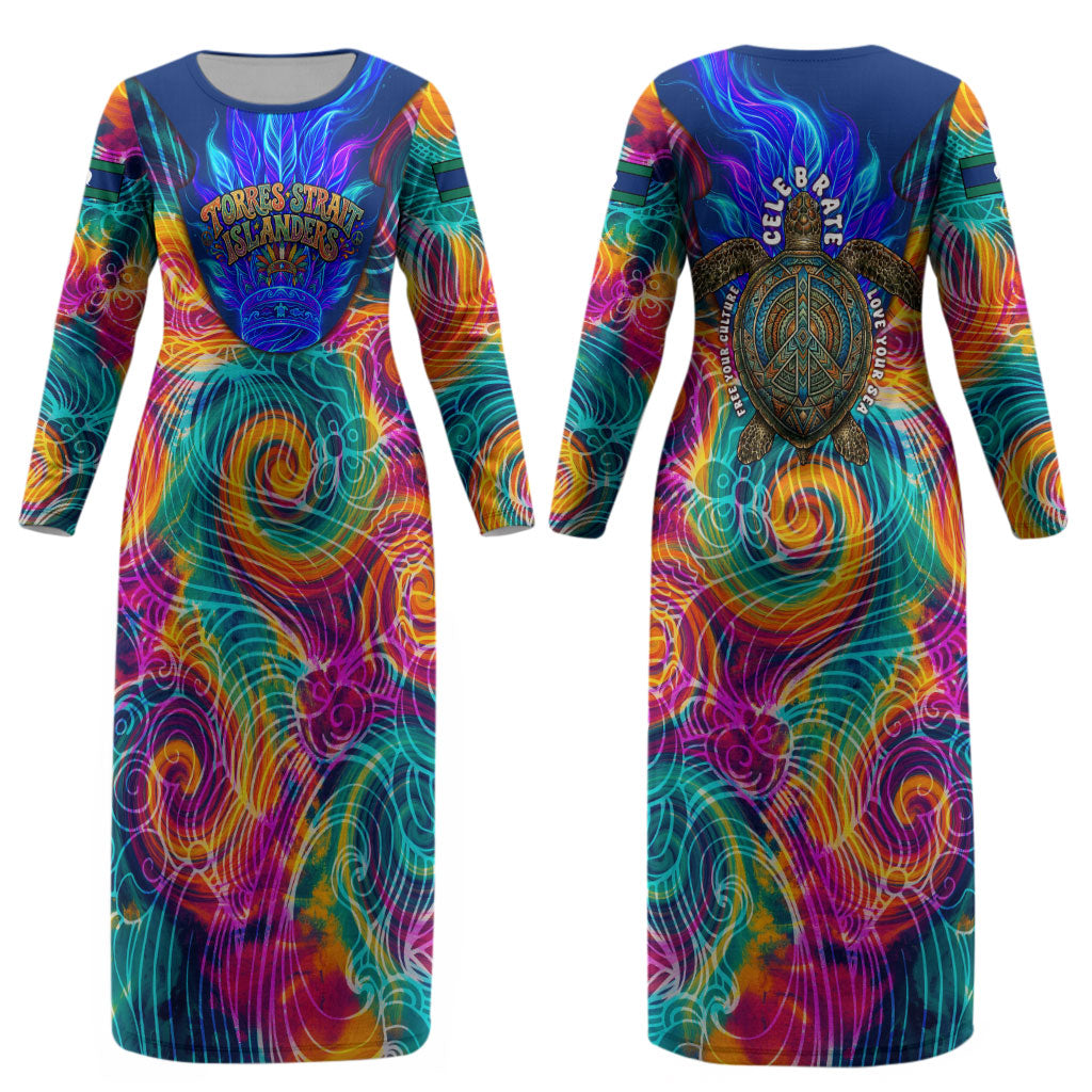 Torres Strait Islanders Sea Turtle Couples Matching Long Sleeve Bodycon Dress and Long Sleeve Button Shirt Indigenous Tribal Peace Art Cultural Headdress Motif