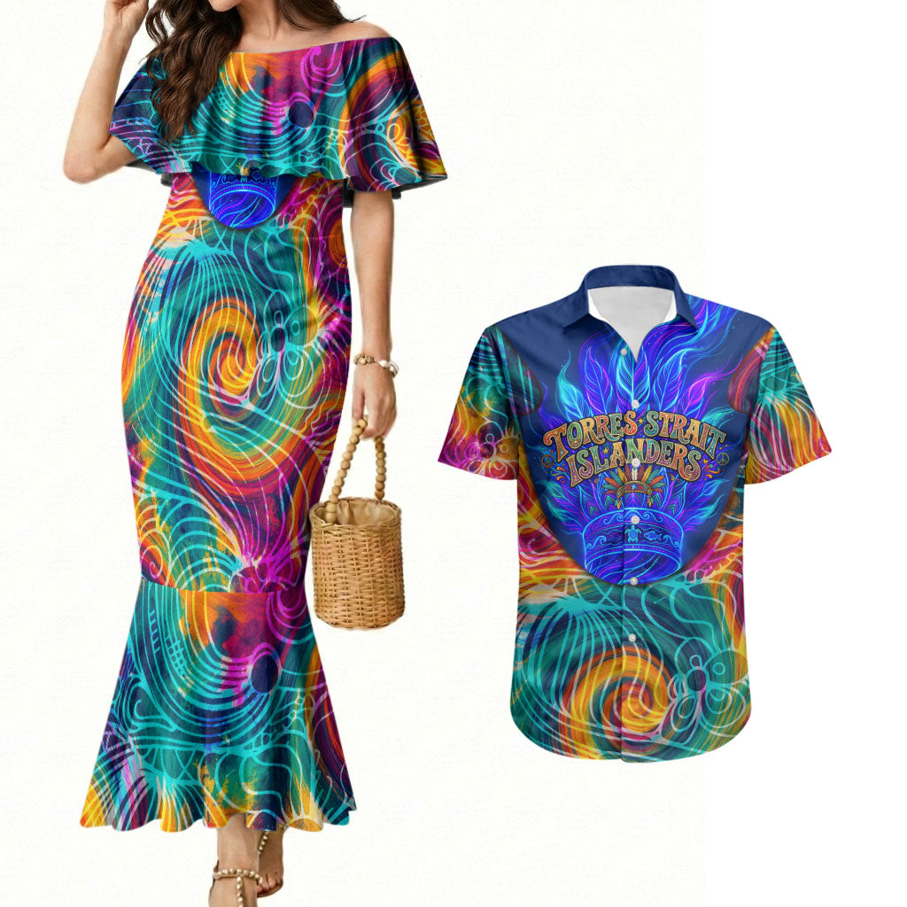 Torres Strait Islanders Sea Turtle Couples Matching Mermaid Dress and Hawaiian Shirt Indigenous Tribal Peace Art Cultural Headdress Motif