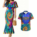 Torres Strait Islanders Sea Turtle Couples Matching Mermaid Dress and Hawaiian Shirt Indigenous Tribal Peace Art Cultural Headdress Motif