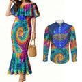 Torres Strait Islanders Sea Turtle Couples Matching Mermaid Dress and Long Sleeve Button Shirt Indigenous Tribal Peace Art Cultural Headdress Motif