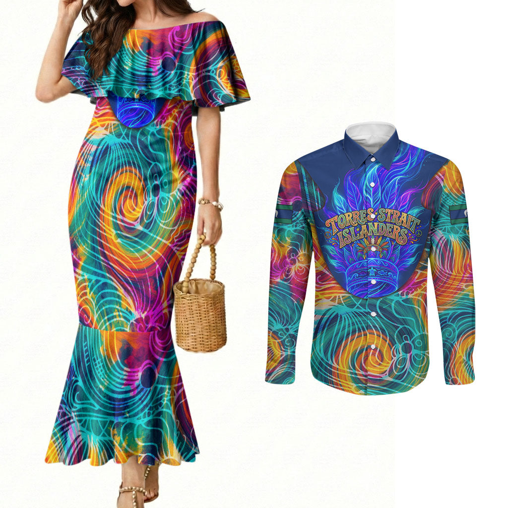 Torres Strait Islanders Sea Turtle Couples Matching Mermaid Dress and Long Sleeve Button Shirt Indigenous Tribal Peace Art Cultural Headdress Motif
